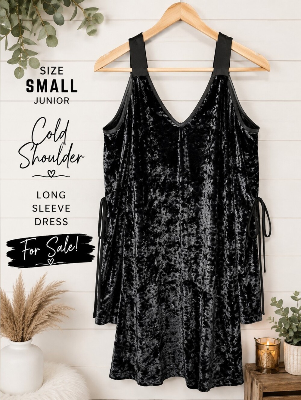 Black Velvet Cold-Shoulder Long Sleeve Dress